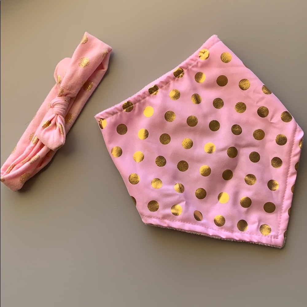 Pink & Gold Polka Dot Bandana Bib and Headband